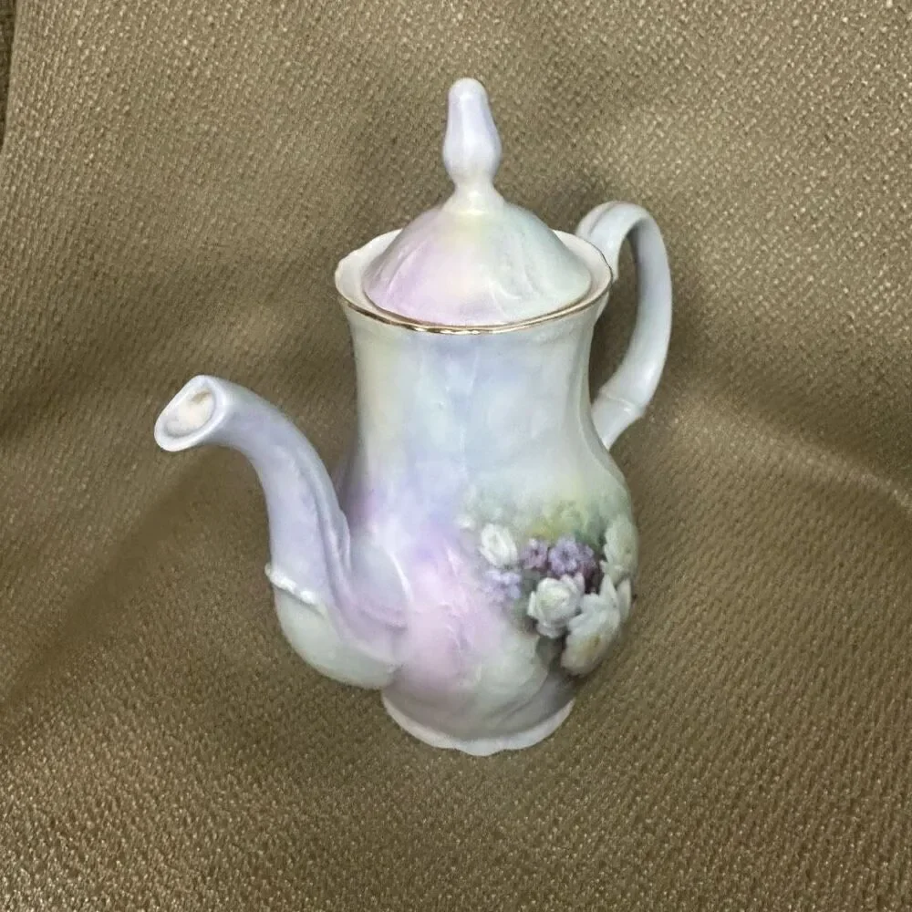 Vintage Bernadotte Porcelain Coffee Tea Pot Czech Republic Purple Roses 7.5”
